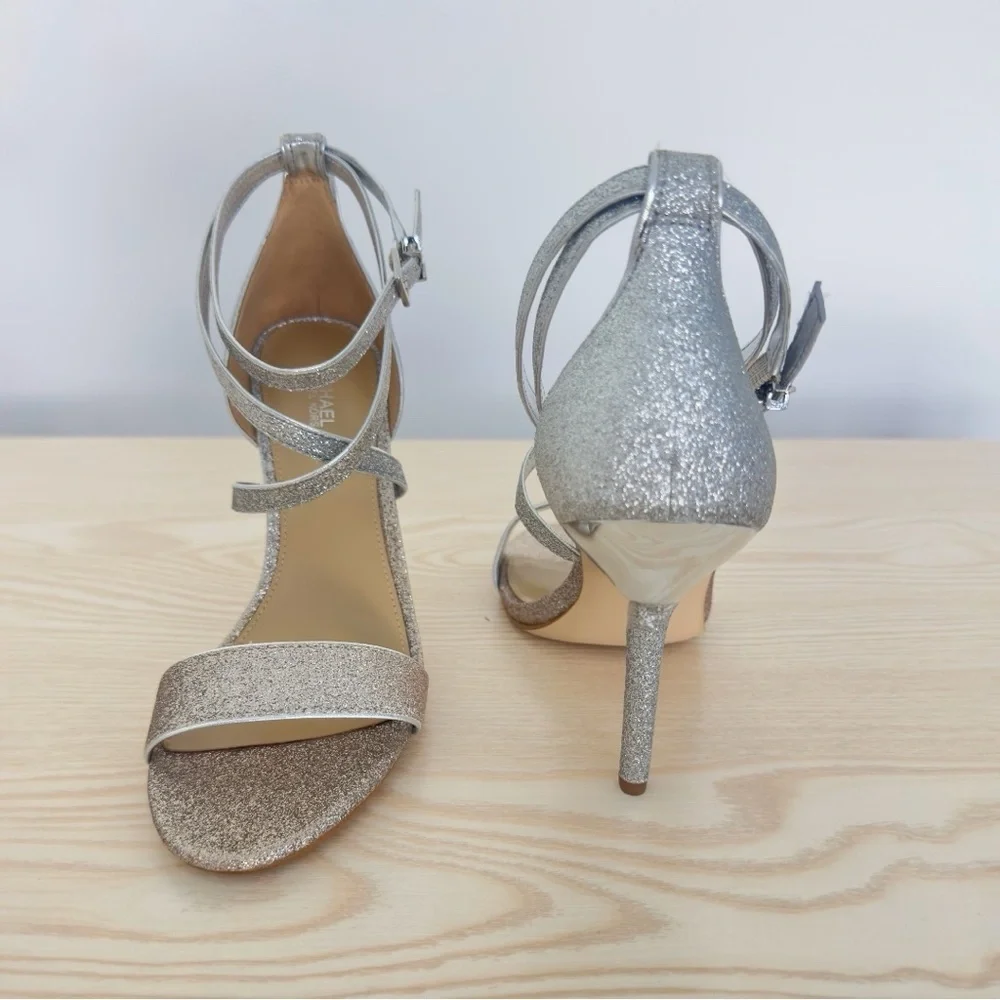 MICHAEL KORS Astrid 2-Tone Glitter Embellished Ankle Wrap Evening Sandal 37.5